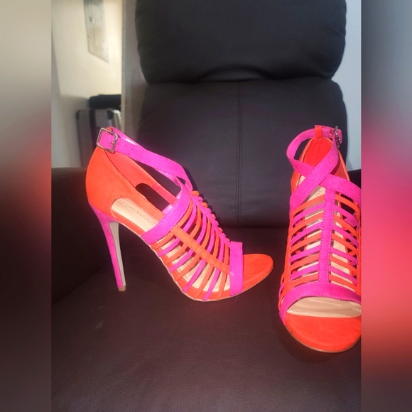 Pink & orange open toe heels - Picture 2 of 5